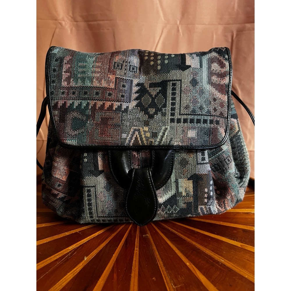 Vintage Shimmery Metallic Fabric Artsy Women's Bag with 100 Percent Leather trim